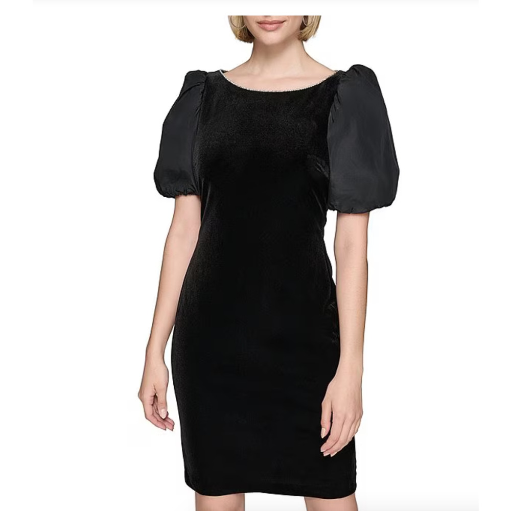 KARL LAGERFELD Velvet Embellished Neck Taffeta Puff Sleeve Cocktail Dress, Black